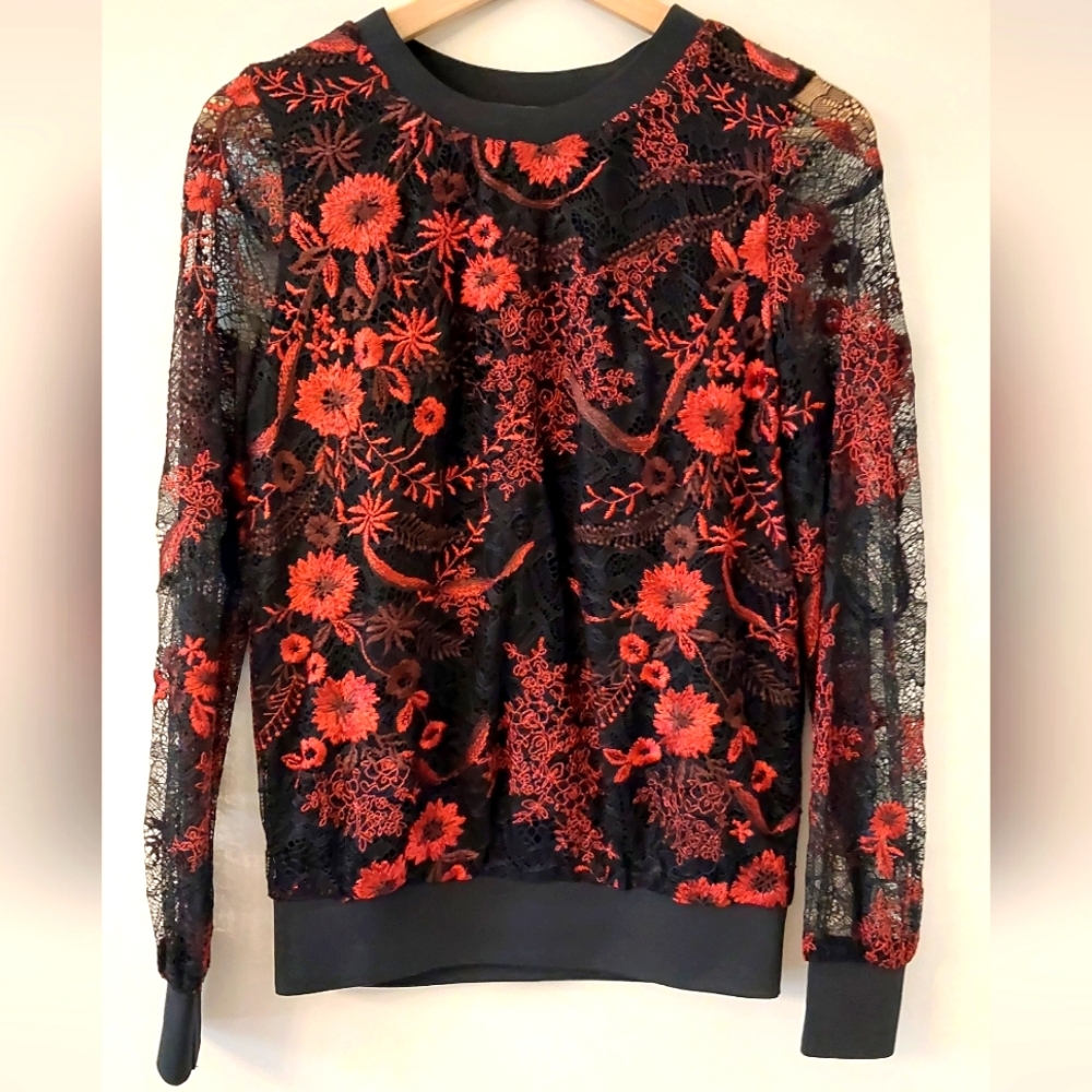 Le Gali Lace Overlay Embroidered Floral Print Long Sleeve Blouse